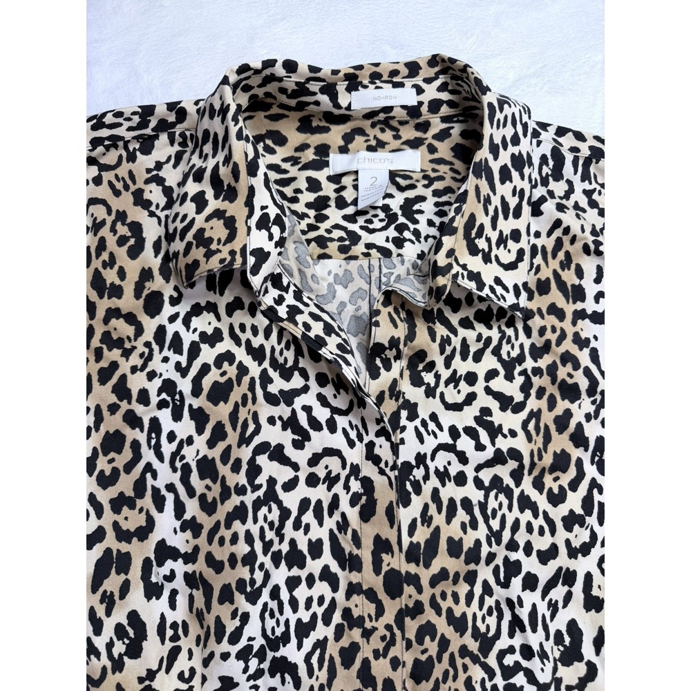 Chico's Leopard Print Tunic Shirt Sz 2 L Cotton No-Iron Long Sleeve Button Down